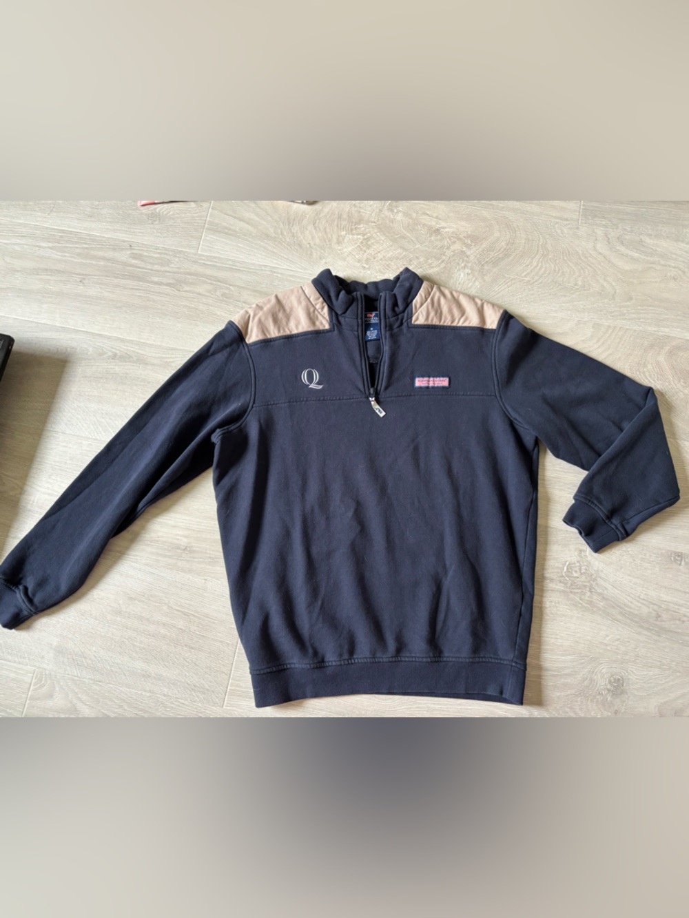 Vineyard Vines Navy Half-Zip Sweater with Tan Shoulder Panels